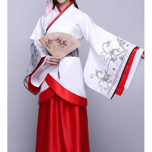 Hanfu women white with red chinese folk dance costumes fairy drama cosplay stage performance ancient traditional korean japanese kimono robes